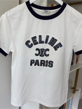 Celine White Tee with Navy Logo Ringer